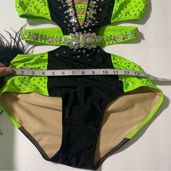 Glamour solo dance costume neon green Feather rhinestone embellished leotard MA - Picture 7 of 13
